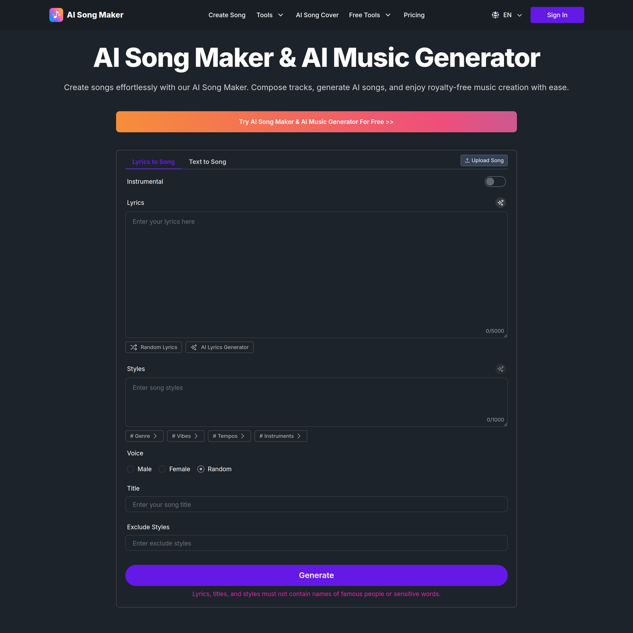 Screenshot of AI Song Maker