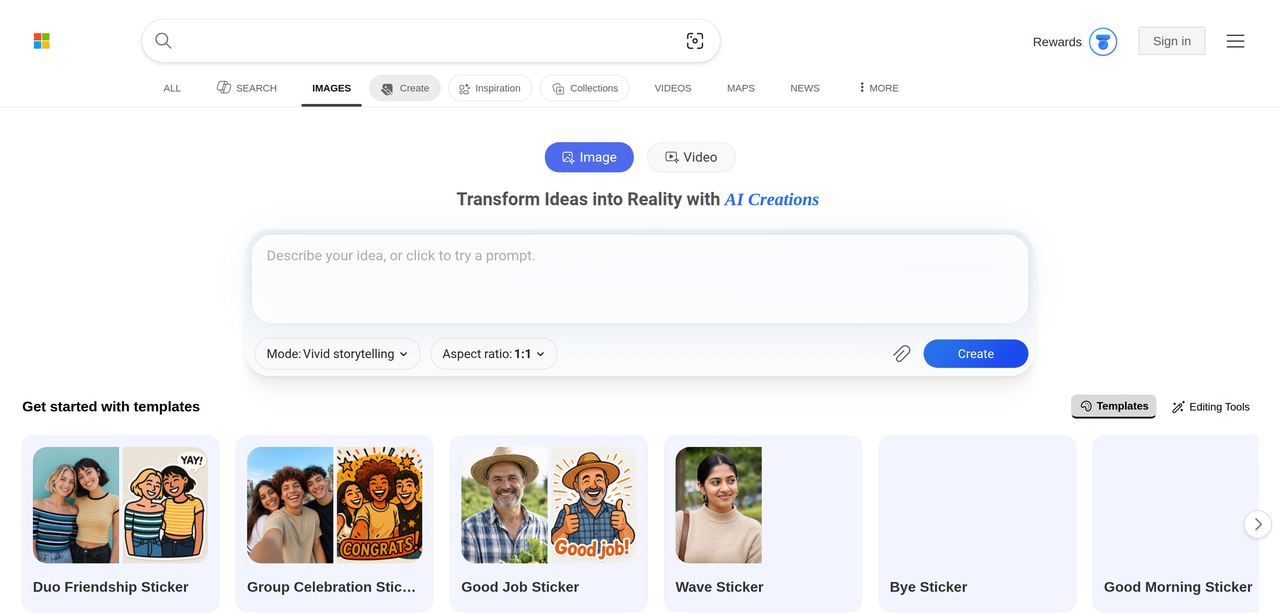 Screenshot of Bing Image Creator
