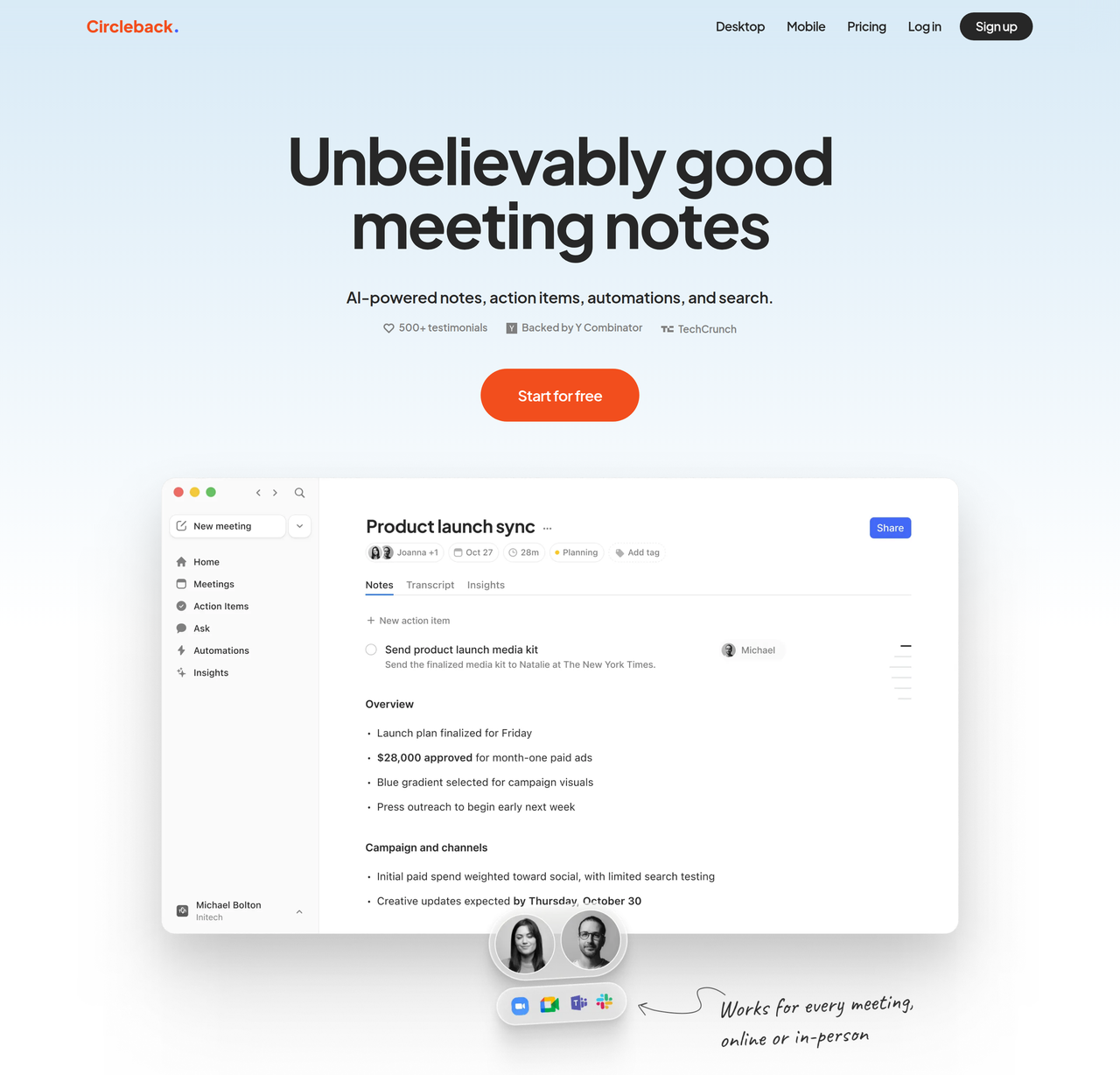 Screenshot of Circleback