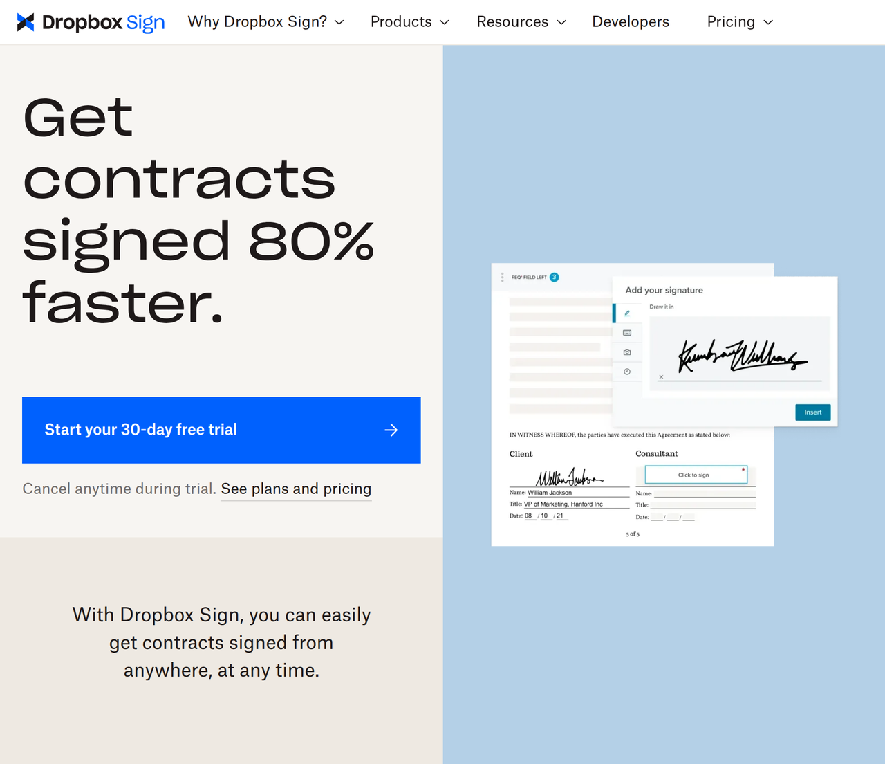 Screenshot of Dropbox Sign
