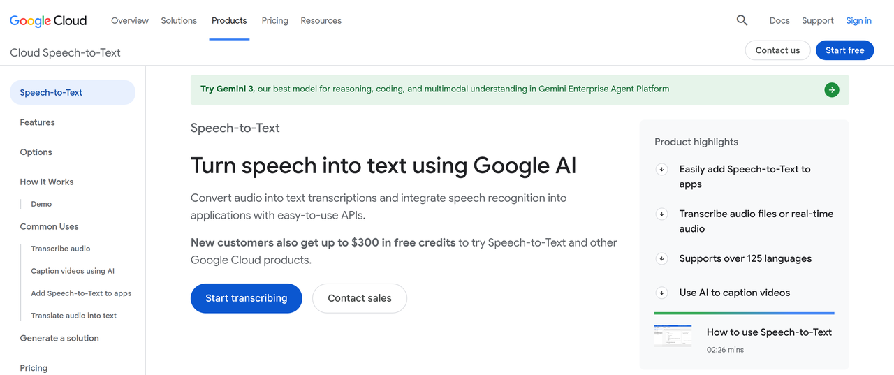 Screenshot of Google Cloud Speech to Text
