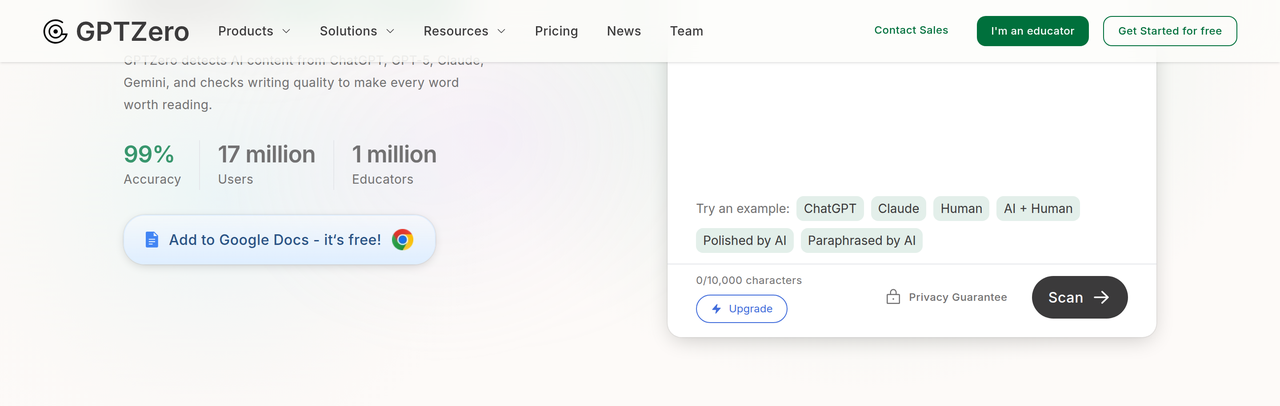 Screenshot of GPTZero
