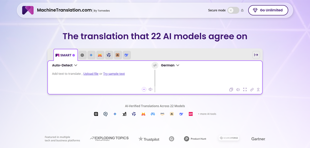 Screenshot of MachineTranslation.com Review (2026)