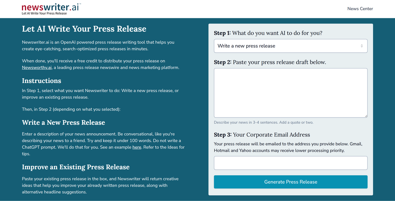 Screenshot of Newswriter AI