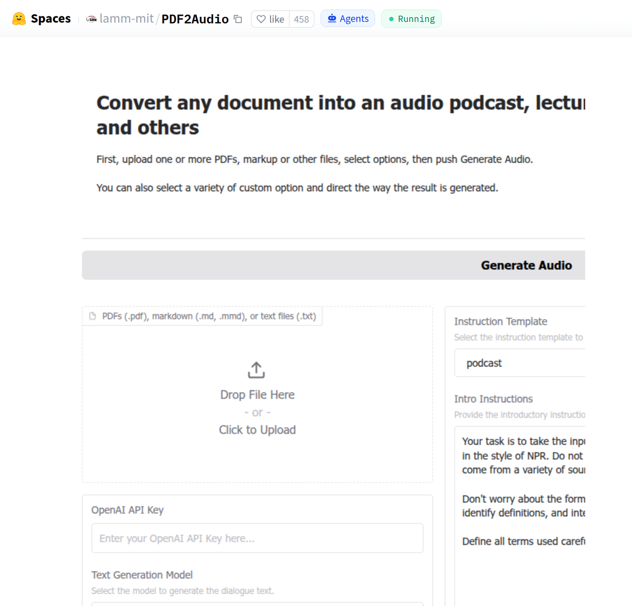 Screenshot of PDF2Audio