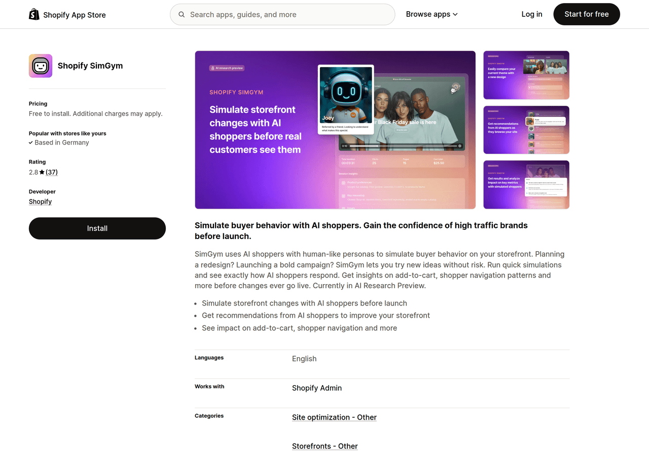 Screenshot of Shopify SimGym