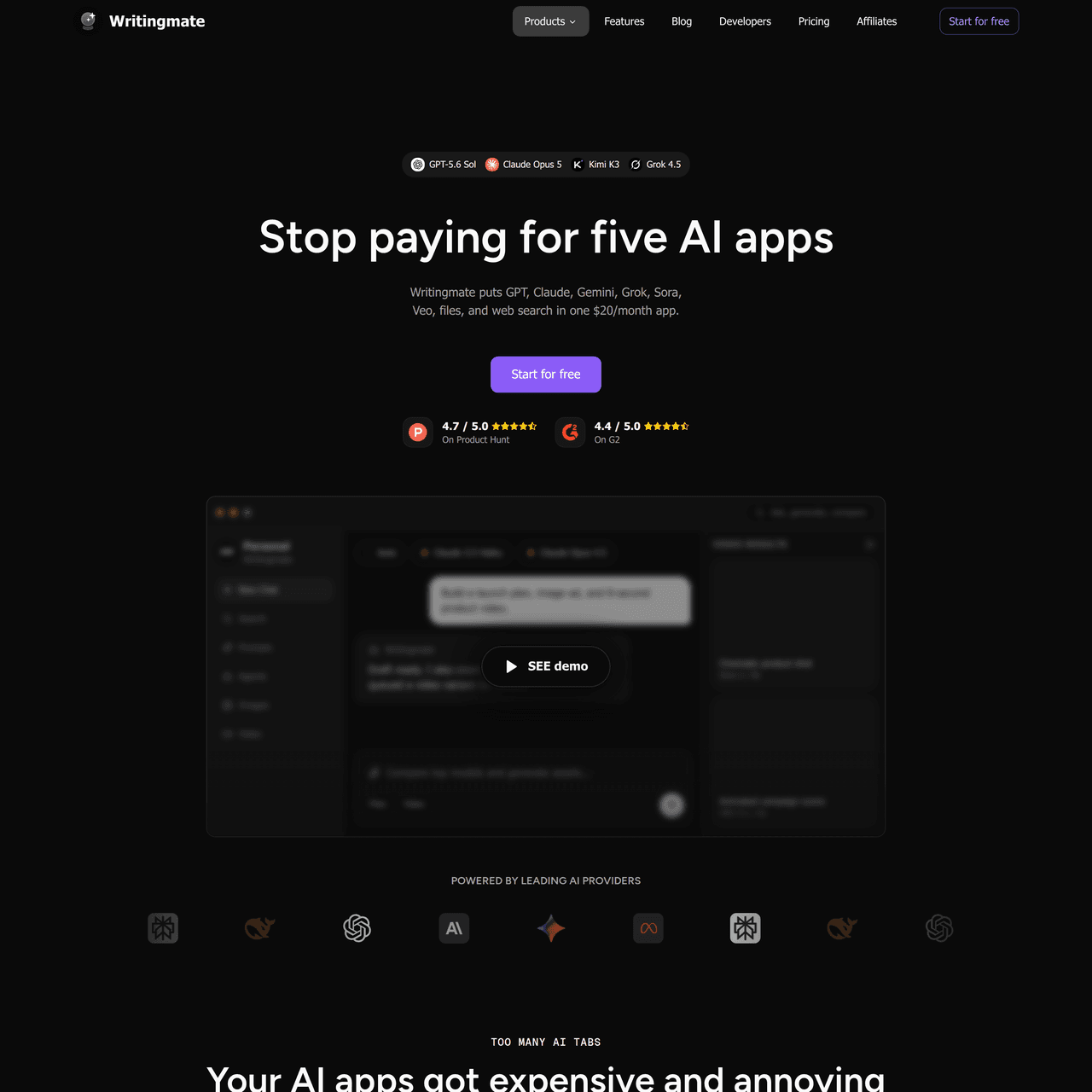 Screenshot of Writingmate AI