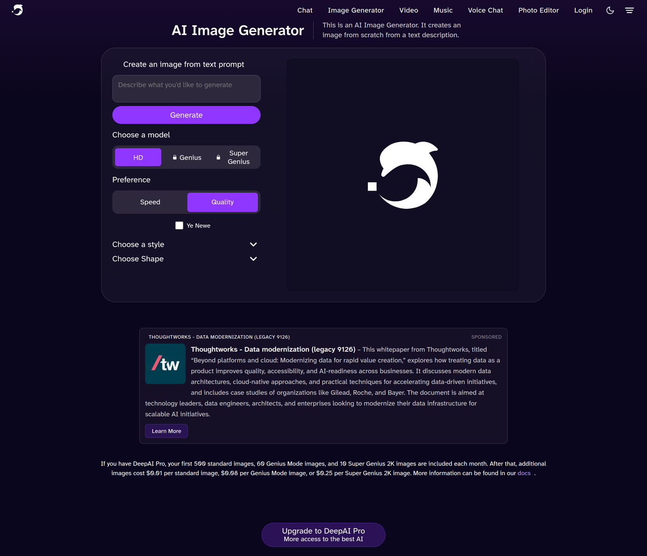 Screenshot of DeepAI