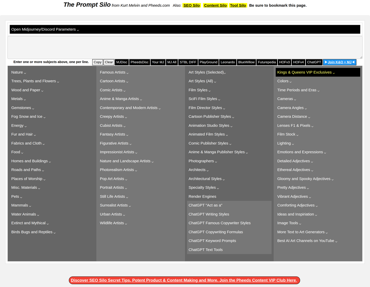 Screenshot of Pheeds Prompt Silo